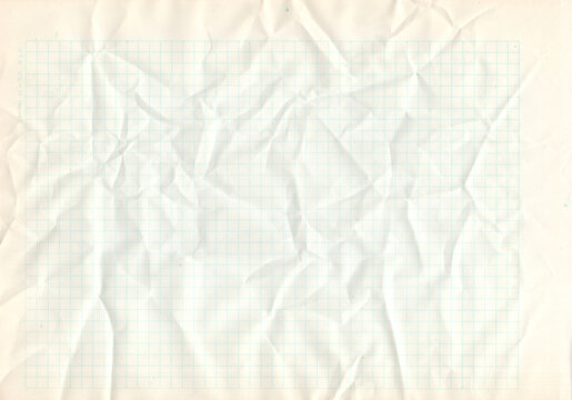 White crumpled paper. Blue graph lines, hi resolution old drawing grid paper