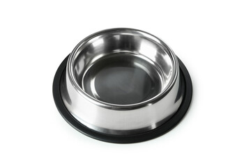 Metal empty pet bowl isolated on white background