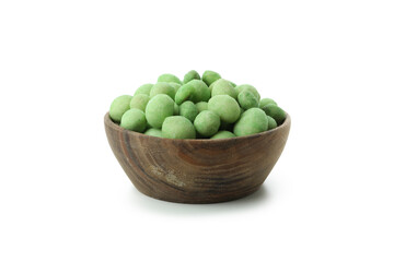 Bowl of wasabi nuts isolated on white background