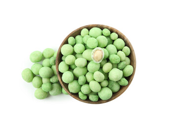 Bowl of wasabi nuts isolated on white background