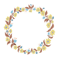 Vector yellow flower garland isolated on white background with empty space in the middle for text