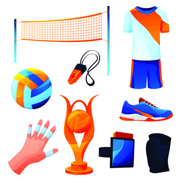 Valleyball equipment or sportgame accessories set. Vector icons of ball and net, knee pads, finger tape, whistle, gold cup, runners shoes, sportwear or jersey uniform. Sport or leisure activity icons.