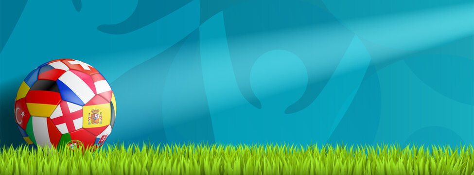 soccer background with colorful ball on abstract turquoise background on green grass