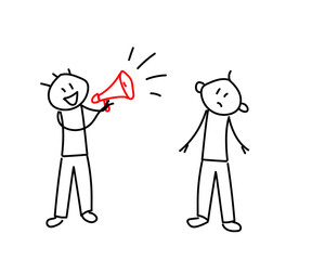 Two people are talking on a white background. The man shouts into the loudspeaker. Sketch. Vector illustration.