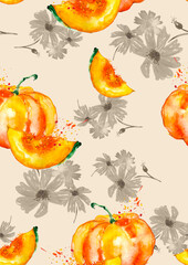 seamless watercolor pattern of plants.Herbs,flowers, chamomile, flowers watercolor. flowers calendula. drawing of calendula, marigolds.harvest of pumpkin. Slice the pumpkin pulp