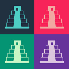 Pop art Chichen Itza in Mayan icon isolated on color background. Ancient Mayan pyramid. Famous monument of Mexico. Vector