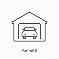 Garage flat line icon. Vector outline illustration of parking symbol. Black thin linear pictogram for automobile house