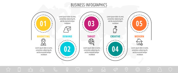 Modern and line vector infographic with icons and 5 steps. Circles with thin lines for the application, website, interface, chart, levels, diagram, banner, presentations on a white isolated background