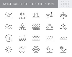 Cosmetic properties line icons. Vector illustration include icon - day cream, moisture, dermatology, soothing, collagen outline pictogram for skincare product. 64x64 Pixel Perfect, Editable Stroke
