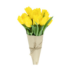 Bouquet of yellow tulips wrapped in craft paper isolated on white background.