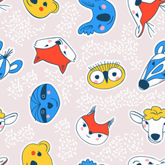 Seamless pattern of simple stickers with portraits of animals sloth, koala, sheep, zebra, bear, squirrel, fox, owl, deer. Simple drawings for the design of baby products. Flat vector illustration.