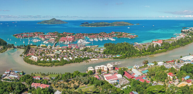 Panoramic aerial view of Victoria, Eden Island and the St. Anne Marine National Park on the East coast of Mah&eacute;, Seychelles.