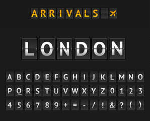 Mechanical Airport Flip Board London and Set of Letters and Numbers . Vector
