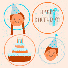 Vector illustration Birthday stickers. Cute cartoon style with children's faces in festive hats, a cake and a Happy Birthday inscription. Suitable for flyers, greeting cards, postcards and stickers.