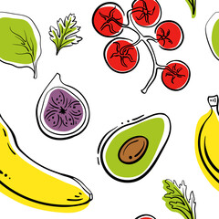 Seamless pattern with vegetables and fruits in sketchy style isolated on white background. Doodle hand drawn vector illustration