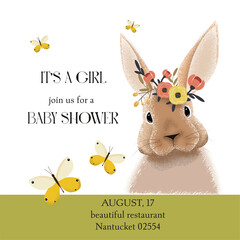 baby shower invitation, card with bunny, flowers, butterfly