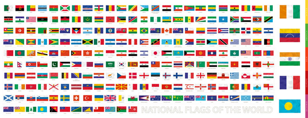 National Flags of the World with waving effect, flags sorted by continent. - obrazy, fototapety, plakaty