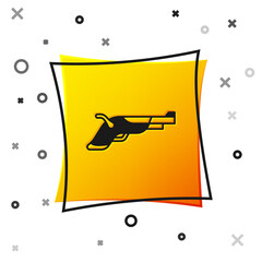 Black Vintage pistols icon isolated on white background. Ancient weapon. Yellow square button. Vector