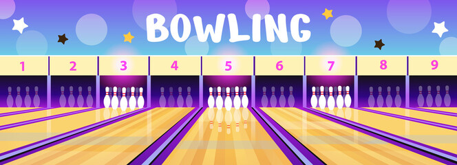 Bowling club interior with bowling alleys and pins  in cartoon style. Vector illustration. Concept background for flyers. - obrazy, fototapety, plakaty