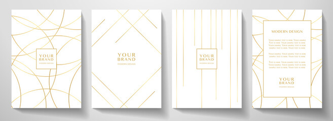 Modern white cover design set. Luxury dynamic gold circle, line pattern. Creative premium stripe vector background for business catalog, brochure template, notebook, invite - obrazy, fototapety, plakaty