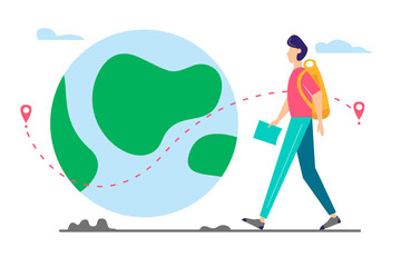 Young man with backpack and map walking near a big planet. Vacation, travel concept. Vector flat style illustration.
