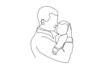 Continuous one line of father holding newborn baby in silhouette. Linear stylized. Minimalist. Fathers day concept