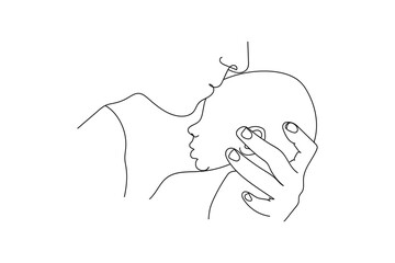 Continuous one line of father hugging a little baby in silhouette. Linear stylized. Minimalist. Fathers day banner concept