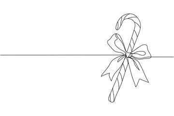 Continuous one line of christmas candy cane with bow in silhouette. Linear stylized. Minimalist.
