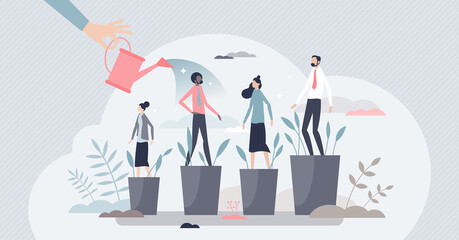 Developing talent and professional training for personal growth tiny person concept. Potential improvement and motivation boost with leader appraisal or encourage as skill watering vector illustration - obrazy, fototapety, plakaty