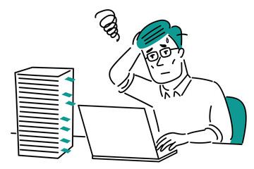 山積みの資料と格闘するメガネの男性のイラスト素材