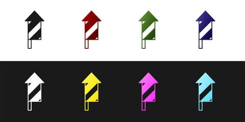 Set Firework rocket icon isolated on black and white background. Concept of fun party. Explosive pyrotechnic symbol. Vector