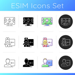 Streaming services icons set. Watching live sporting events. Family-friendly shows. Account for personal use. Animated films. Linear, black and RGB color styles. Isolated vector illustrations