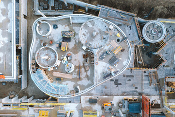 Aerial top down view of outdoor building activity site in progress from above in Kaunas, Lithuania.