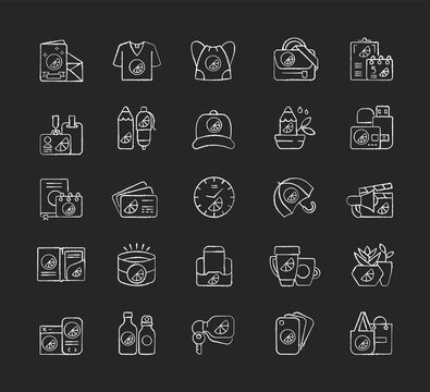 Company branding materials chalk white icons set on black background. Uniquely created stylish house decor. Fashionable clothes and accessories. Isolated vector chalkboard illustrations