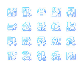 Electric vehicle charging gradient linear vector icons set. Portable charging station for elctromobile. Eco cars. Thin line contour symbols bundle. Isolated vector outline illustrations collection