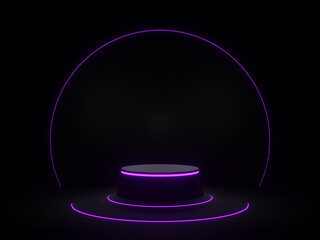 3D rendered black geometric product stand with purple neon light