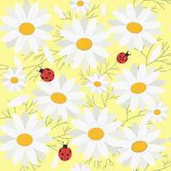 Summer pattern with daisies on a yellow background. Lovely ladybugs add to the mood. Vector file