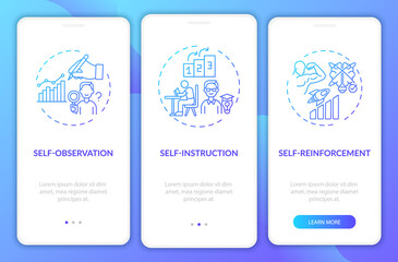 Fototapeta na wymiar Self-control techniques navy onboarding mobile app page screen with concepts. Personal development walkthrough 3 steps graphic instructions. UI, UX, GUI vector template with linear color illustrations