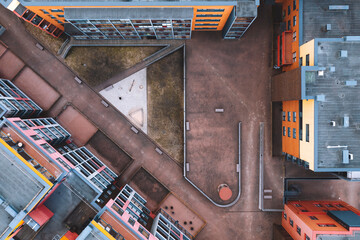 Aerial top down view of inside yard between apartment buildings in Kaunas, Lithuania.