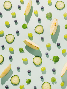 Summer pattern made with apple, cucumber slices and blueberry on pastel green background. Minimal fruit and vegetable texture concept. Healthy vegetarian food composition with long summer shadows.