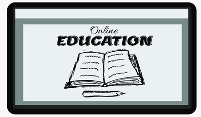 Online Education Doodle Concept. Hand drawn book and pencil on tablet monitor. Minimalist style. Vector illustration.