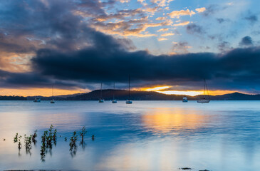 Overcast morning with boats on the bay
