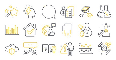 Set of Education icons, such as Recovery file, Bar diagram, Chemistry dna symbols. Speech bubble, Throw hats, Meeting signs. Dot plot, Cloud protection, Engineering documentation. Vector
