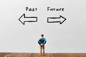 The concept of choosing a path to the past or to the future with a person and a shooter