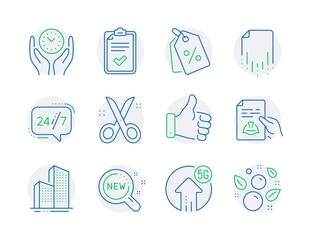 Business icons set. Included icon as New products, Recovery file, Skyscraper buildings signs. Safe time, Scissors, 5g upload symbols. Technical documentation, Like hand, Checklist. Vector