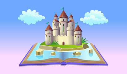 Open book with fairy castle and clouds. Vector illustration in cartoon style for kids. The concept of a children's playroom, birthday, kids club, kindergarten, school.