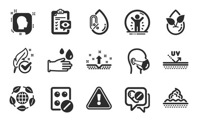 Eye checklist, Eco organic and Recovered person icons simple set. Organic product, Uv protection and Rubber gloves signs. Hypoallergenic tested, Medical drugs and Medical mask symbols. Vector
