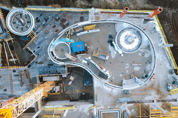 Aerial top down view of outdoor building activity site in progress from above in Kaunas, Lithuania.