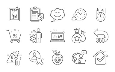 360 degrees, Speech bubble and Window cleaning line icons set. Sound check, Loan percent and Medical food signs. Employee, Loyalty points and Fast delivery symbols. Line icons set. Vector