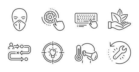 Medical mask, Idea and Computer keyboard line icons set. Recovery tool, Organic product and Journey path signs. Cogwheel settings, Sick man symbols. Respirator, Solution, Pc device. Vector